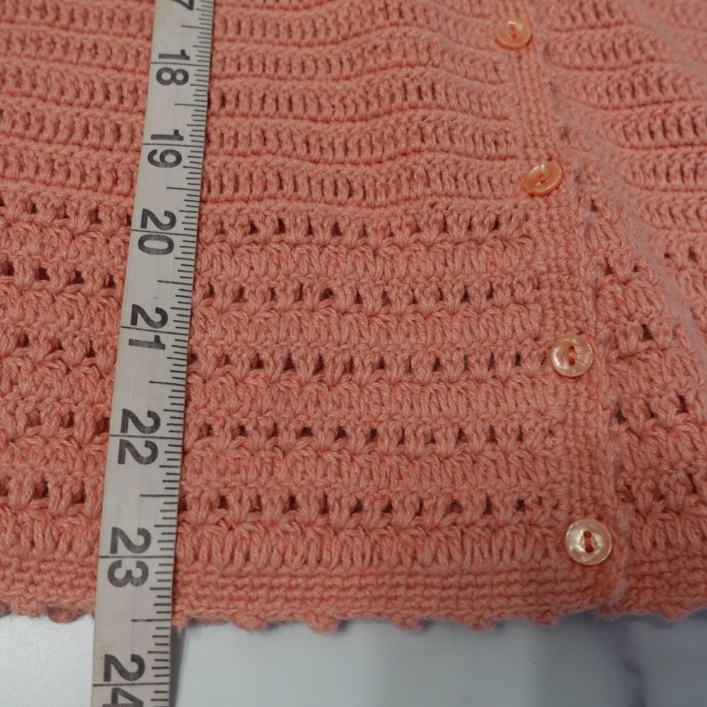 Vintage Crochet Knit Cardigan Coral Peach Medium Granny Cottage Ramie Pastel Top - Picture 8 of 9
